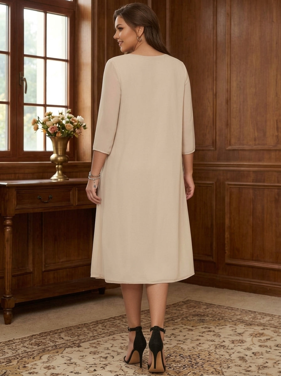 Sheath/Column V-Neck Long Sleeves Tea-Length Plus Size Mother of the Bride Dresses with Jacket & Sequins Beading