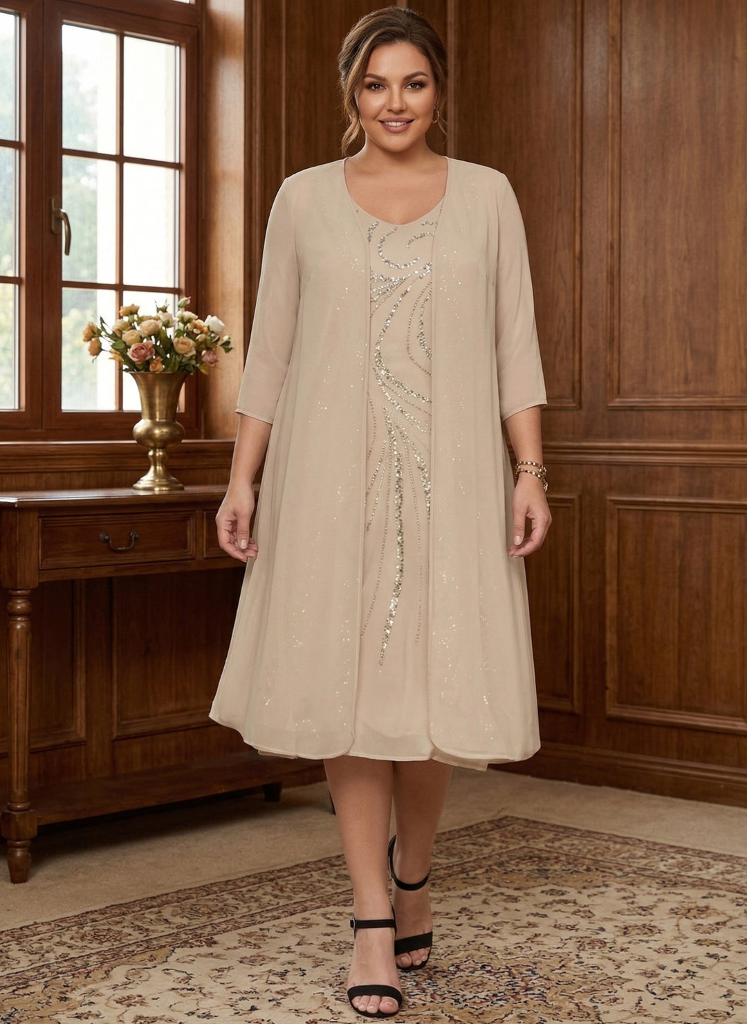 Sheath/Column V-Neck Long Sleeves Tea-Length Plus Size Mother of the Bride Dresses with Jacket & Sequins Beading
