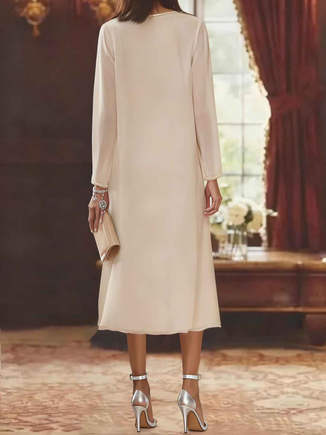 Sheath/Column V-Neck Long Sleeves Tea-Length Mother of the Bride Dresses with Jacket & Sequins