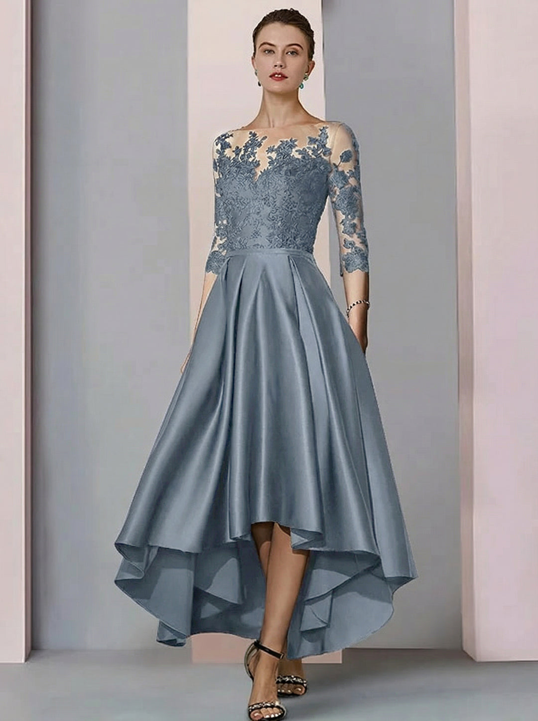 A-Line/Princess Illusion-Neck Asymmetrical Tea Length Tea-Length Mother of the Bride Dresses