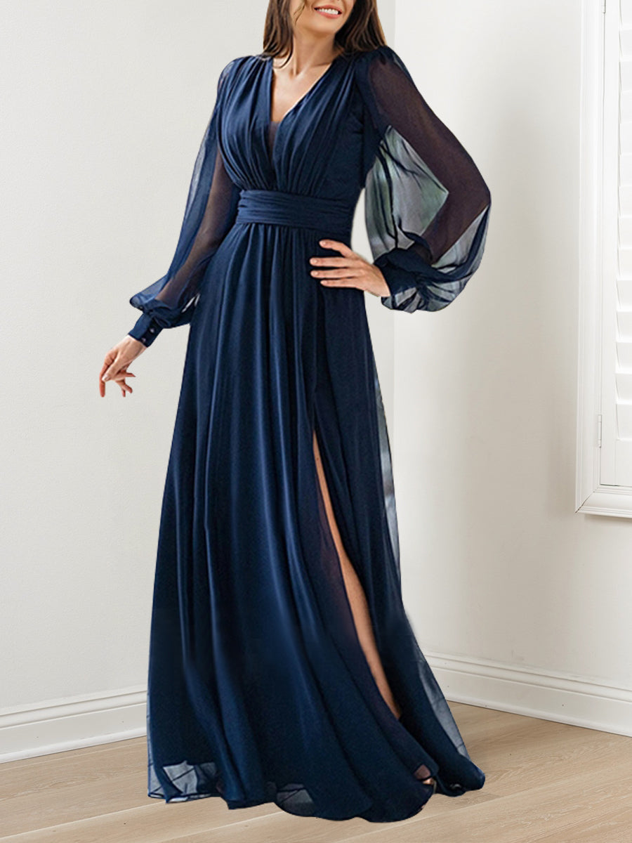 A-Line/Princess V-Neck Long Sleeves Floor-Length Mother of the Bride Dresses