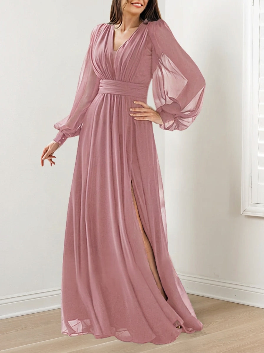 A-Line/Princess V-Neck Long Sleeves Floor-Length Mother of the Bride Dresses with Ruffles