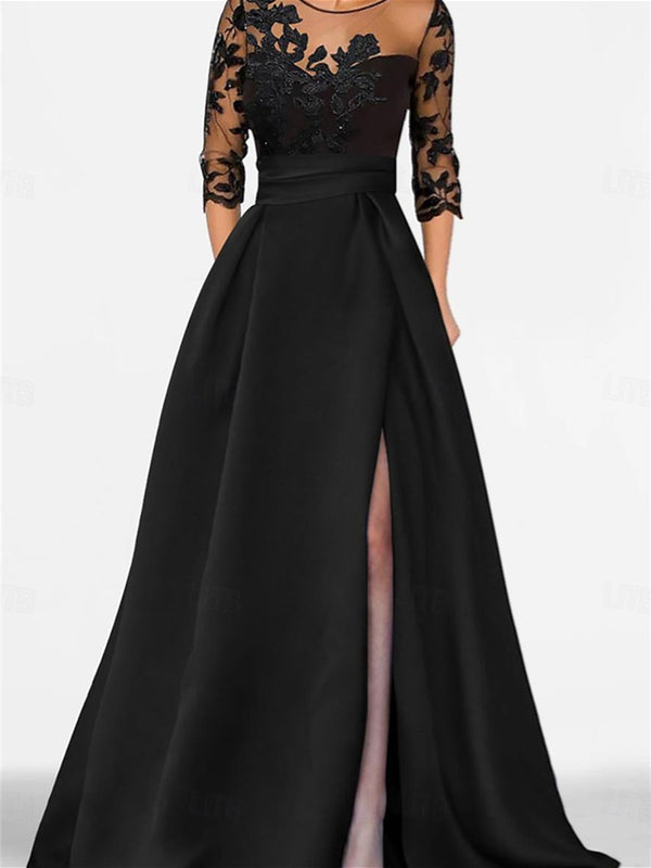 A-Line/Princess Sweetheart 3/4 Sleeves Floor-Length Black Mother Of The Bride Dresses With Lace & Split Side