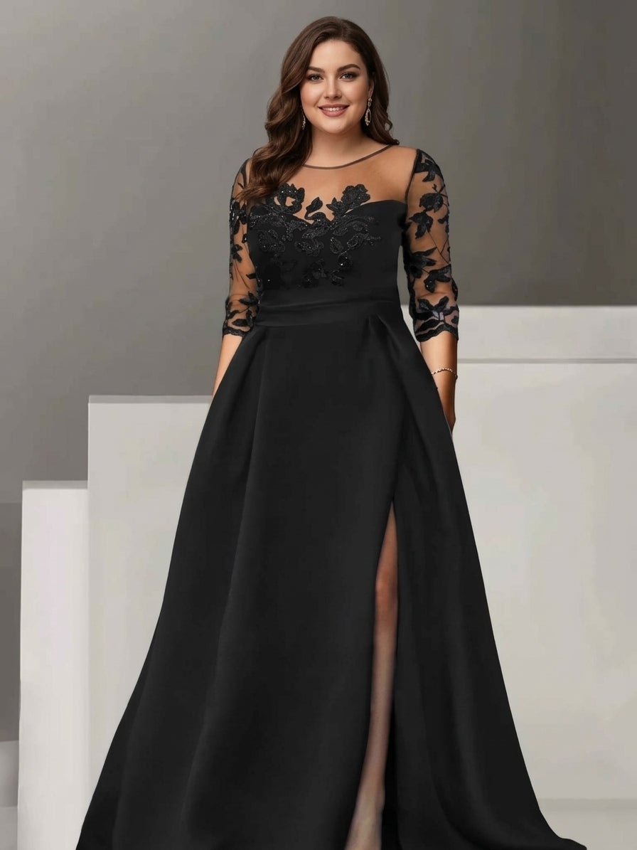 Black Mother Of The Bride Dresses Plus Size Lace 3/4 Sleeves For Women's A-Line/Princess Floor-Length Formal Evening Gowns With Split Side, Black