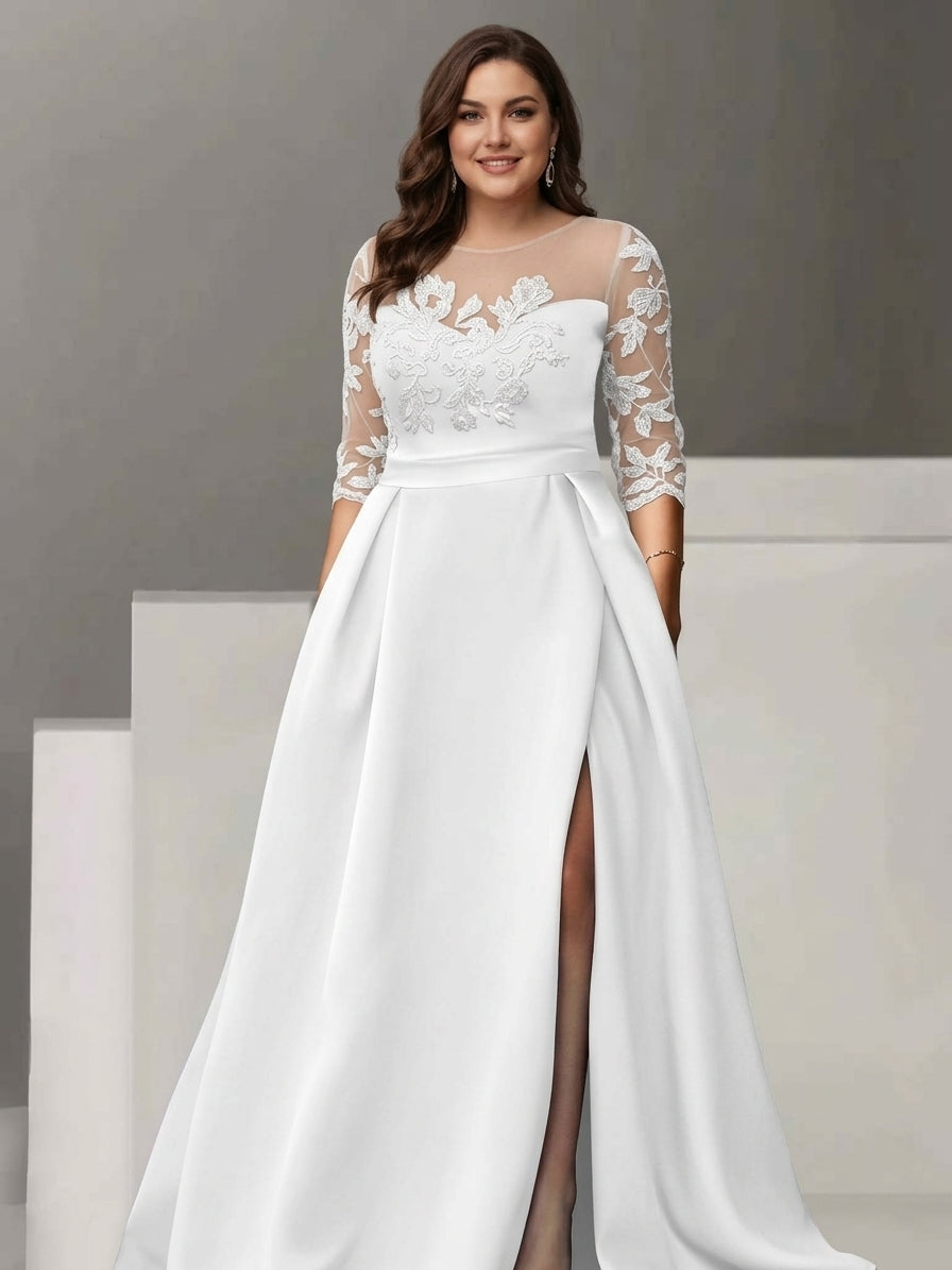 Black Mother Of The Bride Dresses Plus Size Lace 3/4 Sleeves For Women's A-Line/Princess Floor-Length Formal Evening Gowns With Split Side, Black Black Mother Of The Bride Dresses Plus Size Lace 3/4 Sleeves For Women's A-Line/Princess Floor-Length Formal Evening Gowns With Split Side, Black