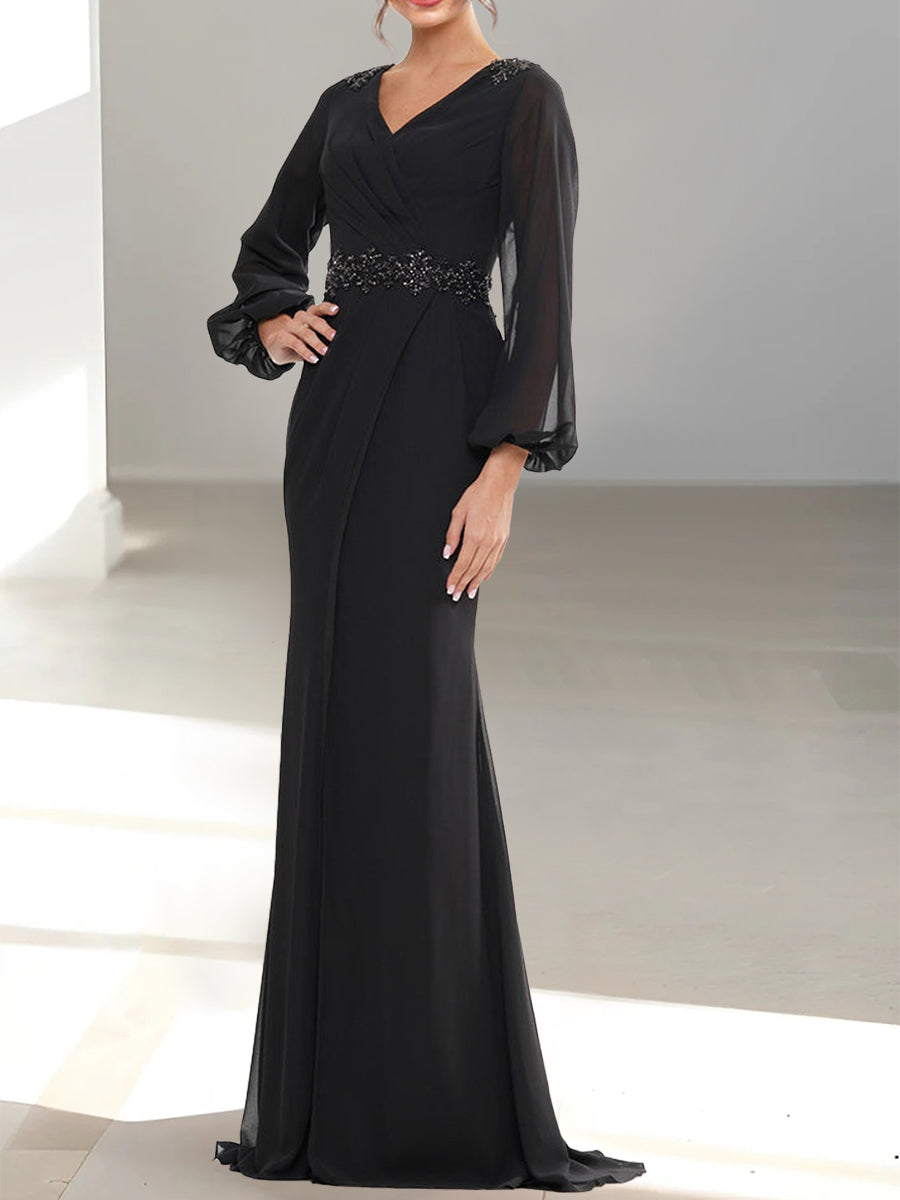 A-Line/Princess V-Neck Long Sleeves Mother Of The Bride Dresses With Beading