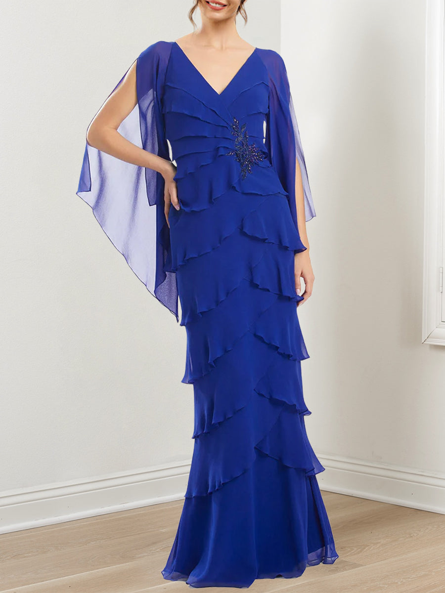Royal Blue Wedding Guest Dress 2026 V-Neck Chiffon Tiered Maxi with Cape Sleeve Elegant Formal Gown, As Pic