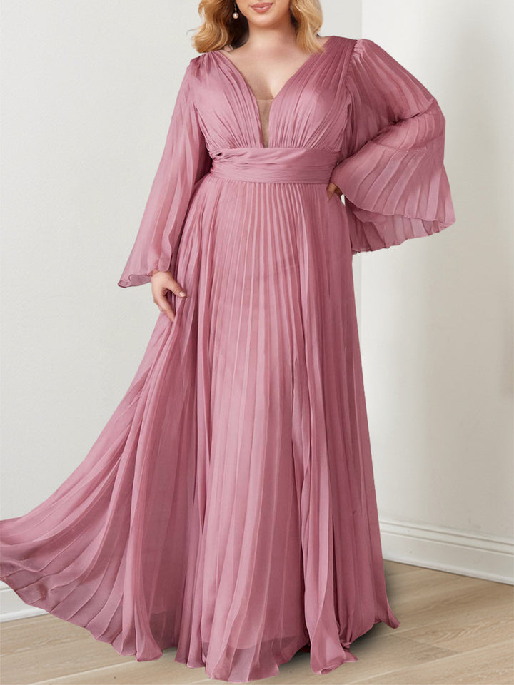 A-Line/Princess V-Neck Long Sleeves Chiffon Mother Of The Bride Dresses with Pleats