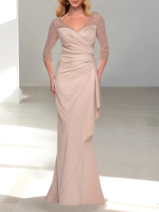 V-Neck Mermaid/Trumpet Mother of the Bride Gown With 3/4 Sleeves Side Split & Floral Appliques main image 0