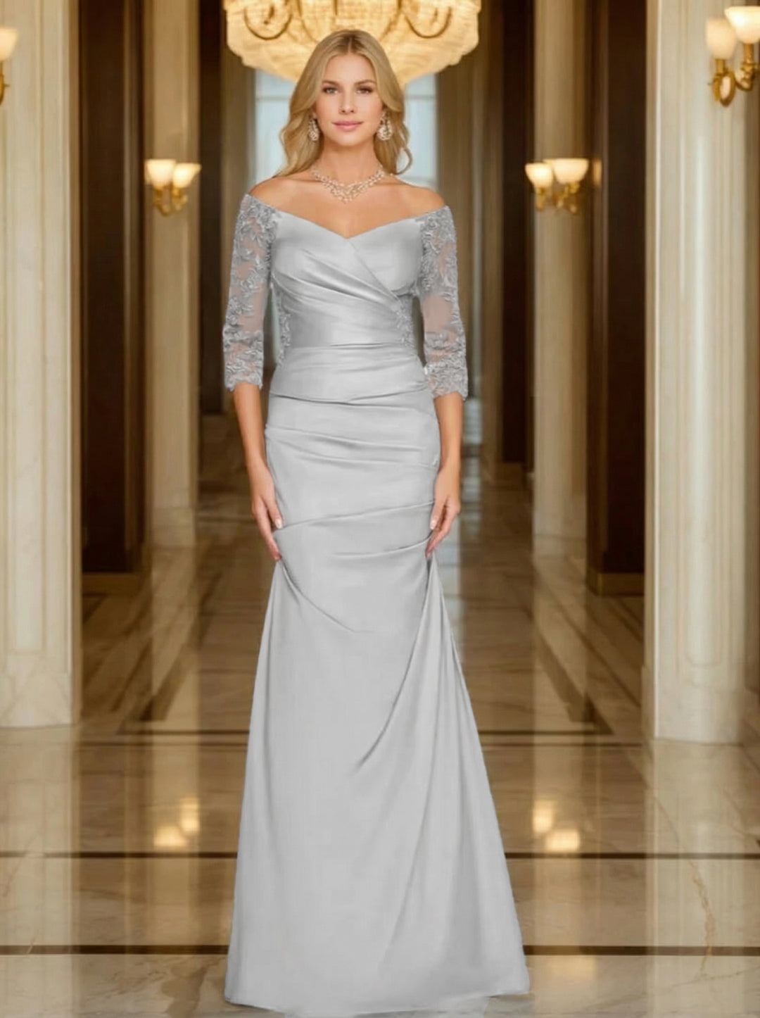 Trumpet/Mermaid V-Neck 3/4 Sleeves Ruched Mother Of The Bride Dresses with Appliques