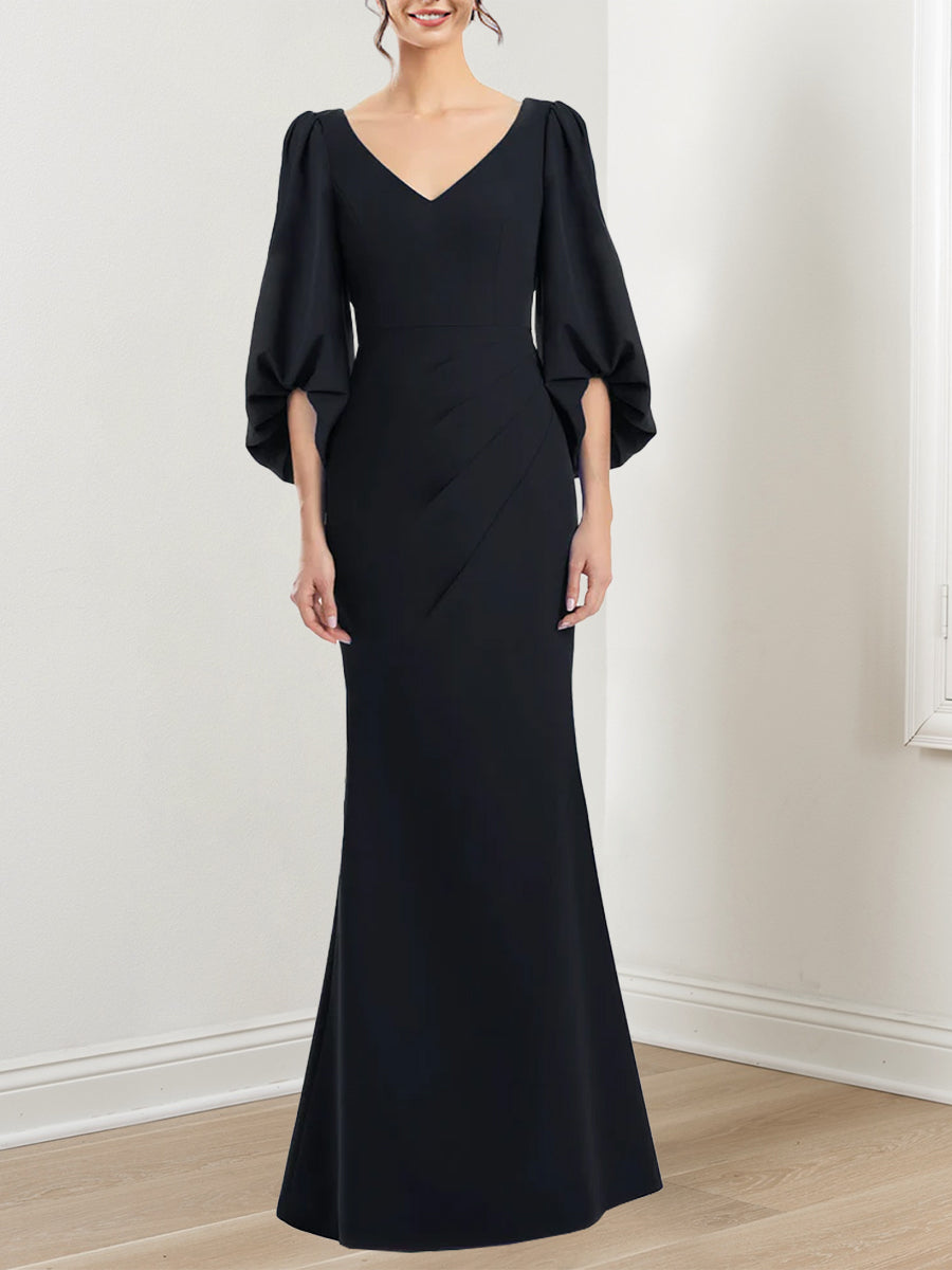 Trumpet/Mermaid V-Neck 3/4 Sleeves Mother Of The Bride Dresses with Ru - Mondressy Trumpet/Mermaid V-Neck 3/4 Sleeves Mother Of The Bride Dresses with Ru - Mondressy