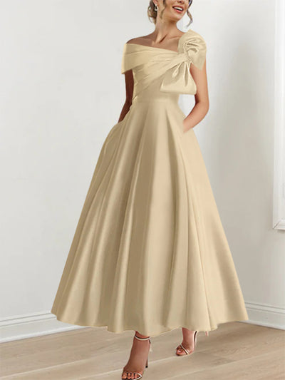 A-Line Bowknot Scoop Beaded Dress With Pockets Champagne