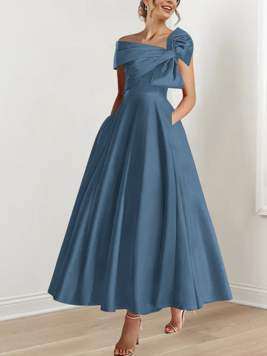 above ankle length dresses B233065 Chic Soft Crepe Ankle Length Gown with Straight Across Neckline and Bold Straps