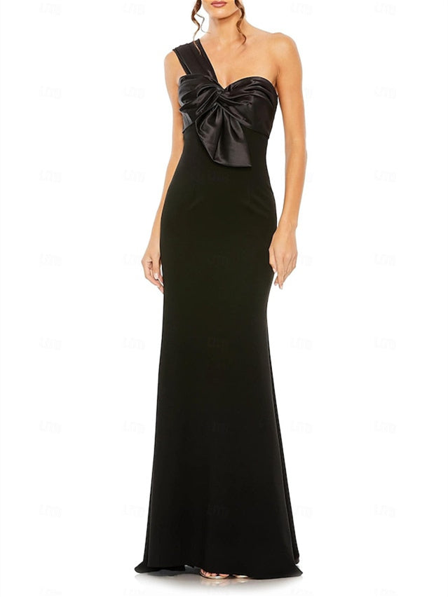 Black Wedding Guest Dress 2026 One Shoulder Satin Bow Formal Evening Maxi Gown Elegant Party Cocktail Dress, Black
