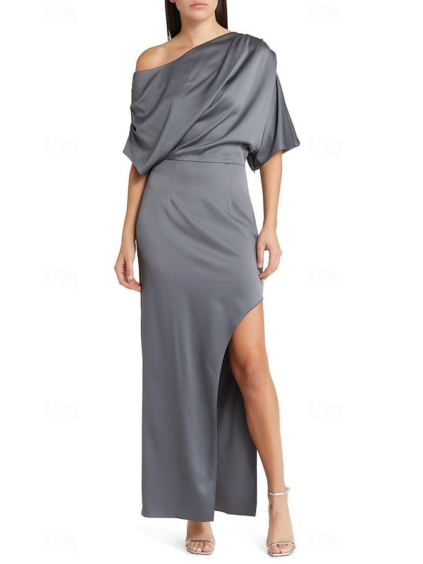 Grey Wedding Guest Dress 2026 One Shoulder Satin Maxi with Side Slit Elegant Evening Gown, Silver