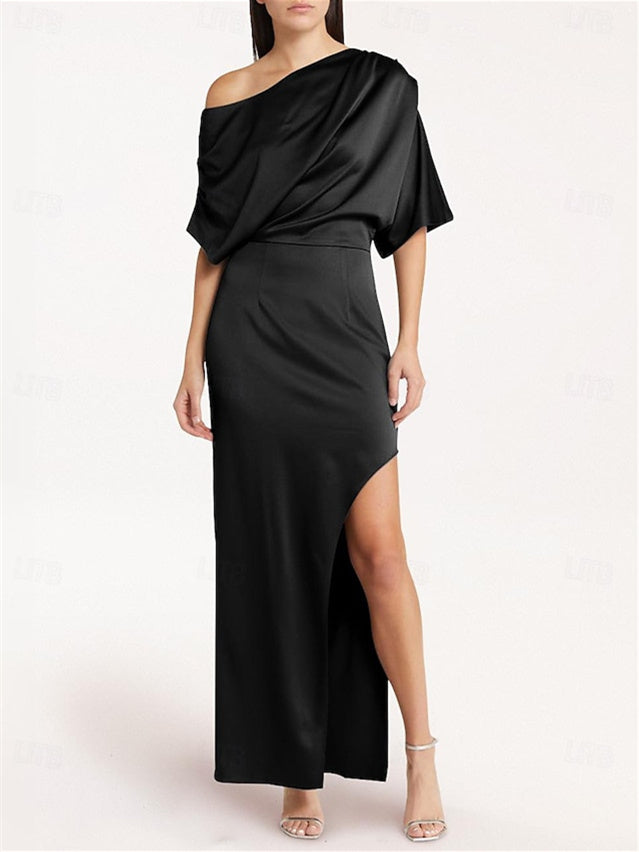Grey Wedding Guest Dress 2026 One Shoulder Satin Maxi with Side Slit Elegant Evening Gown, Silver Grey Wedding Guest Dress 2026 One Shoulder Satin Maxi with Side Slit Elegant Evening Gown, Silver