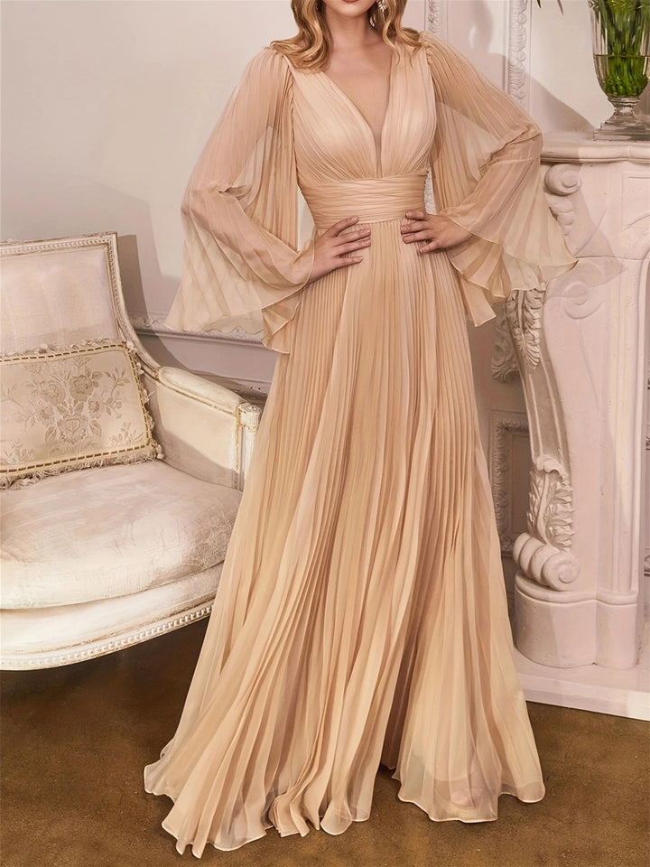 A-Line/Princess V-Neck Long Sleeves Floor-Length Wedding Guest Dresses with Pleats