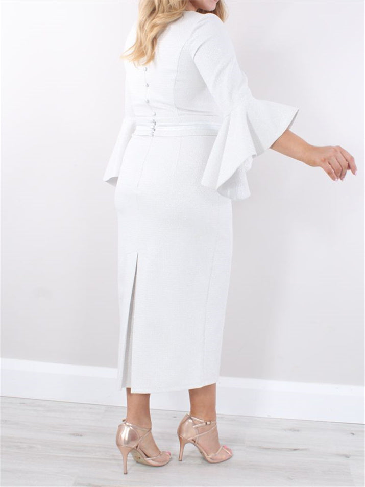Sheath/Column Square Neck Tea-Length 3/4 Length Sleeves Mother of the Bride Dresses with Ruffles