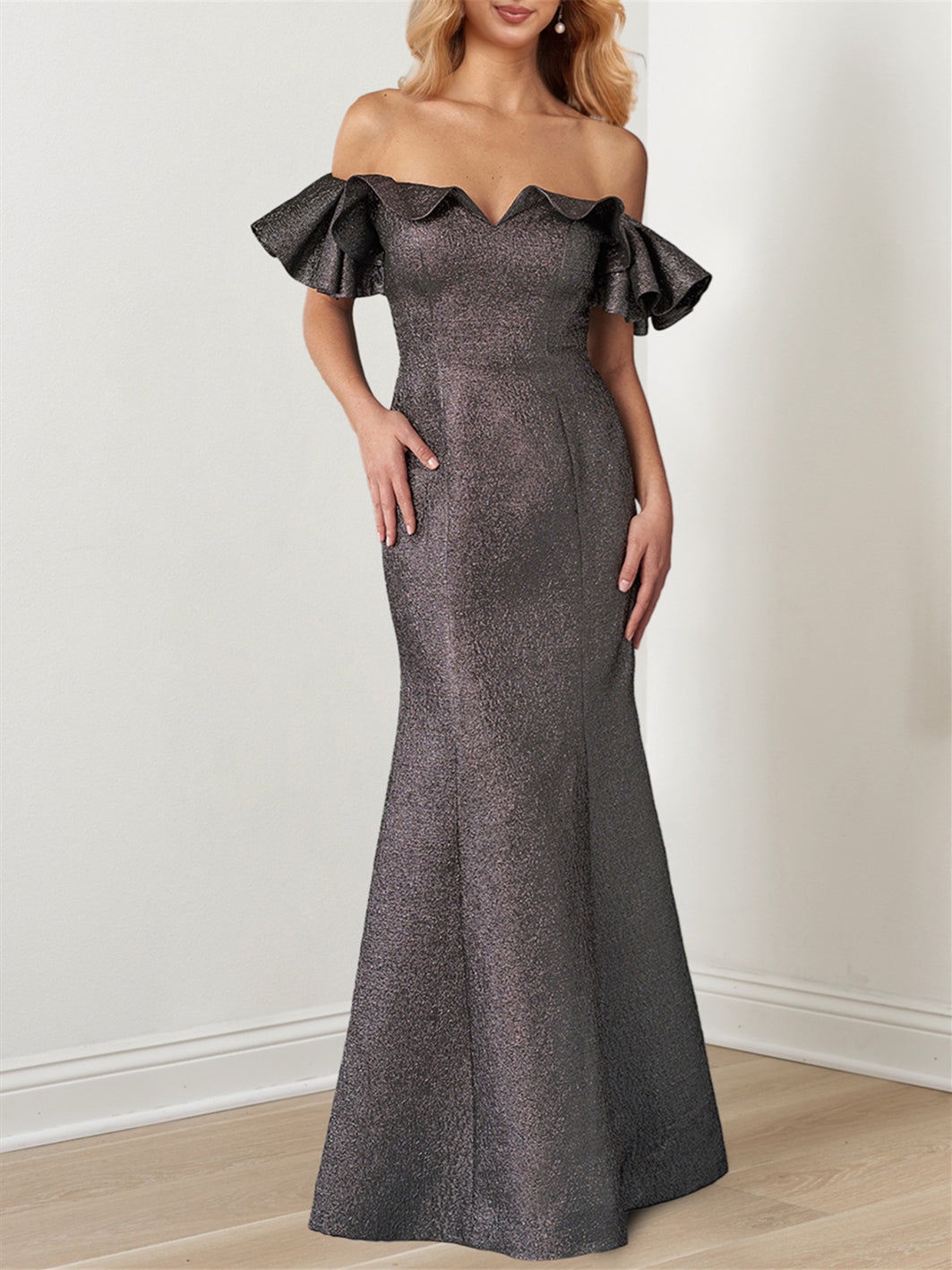 2026 Mother of the Bride Dresses Satin Women's Mermaid/Trumpet Off-the-Shoulder Ruffle Sleeves Floor-Length Wedding Guest Party Formal Evening Gowns