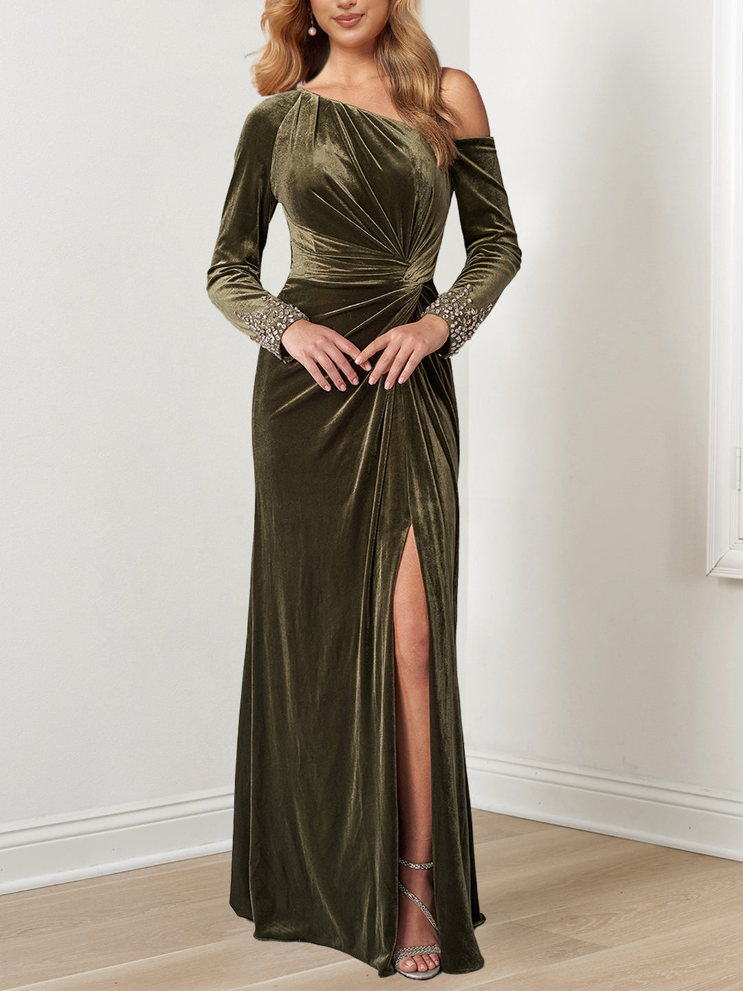 Mondressy Mother of the Bride Dresses 2026 Women's A-Line One Shoulder Floor-Length Wedding Guest Party Formal Evening Gowns with Beaded Cuffs