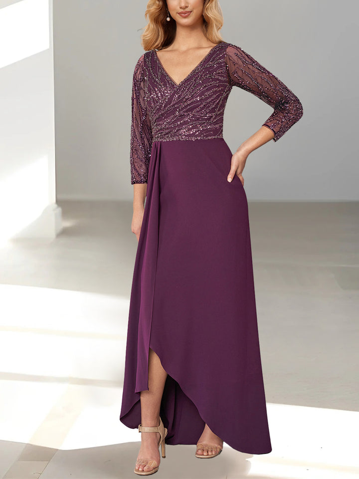 A-Line/Princess  V-Neck Long Sleeve Asymmetrical Mother of the Bride Dresses with Sequin