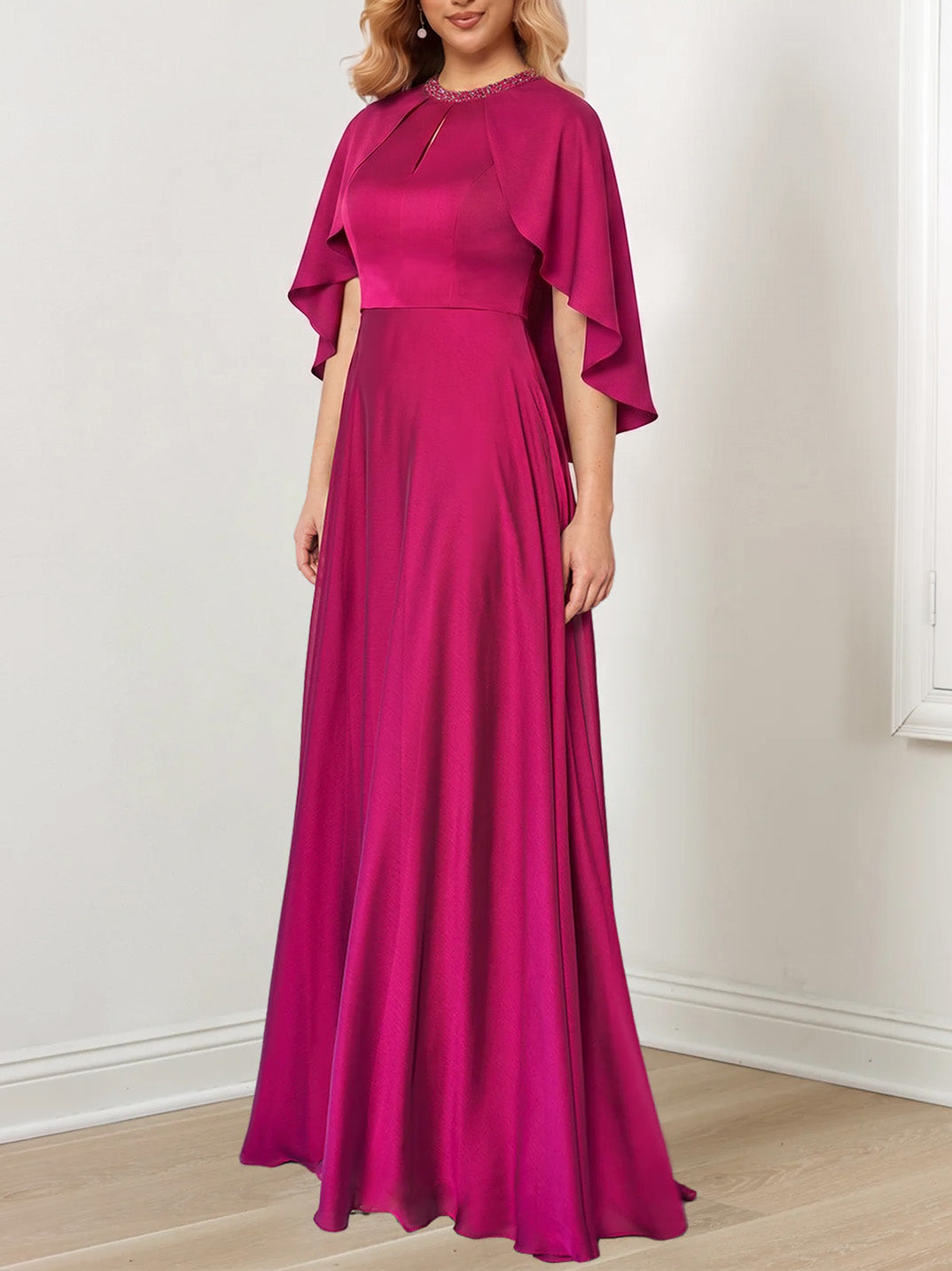 A-Line/Princess  Hand-Beaded Jewel Neckline Floor-Length Mother of the Bride Dresses