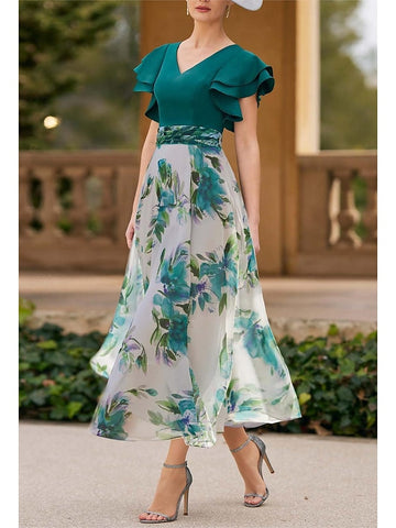 A-Line/Princess V-Neck Pleated Printed Floral Mother of the Bride Dresses with Ruffles & 3D Flower main image 0