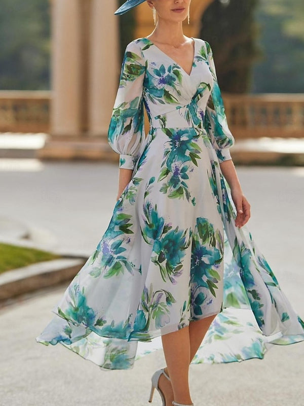 Floral Mother of the Bride Dresses 2026 A-Line V-Neck 3/4 Sleeve Floral Asymmetrical Knee-Length Wedding Guest Party Formal Evening Gowns