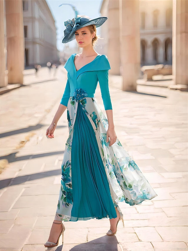 A-Line/Princess V-Neck 3/4 Sleeve Floral Ankle-Length Mother of the Bride  Dresses