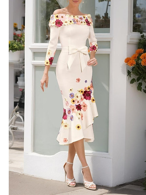 Sheath/Column 3/4 Sleeve Tea-Length Floral Mother of the Bride Dresses