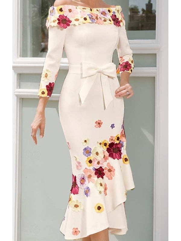 Sheath/Column 3/4 Sleeve Tea-Length Floral Mother of the Bride Dresses