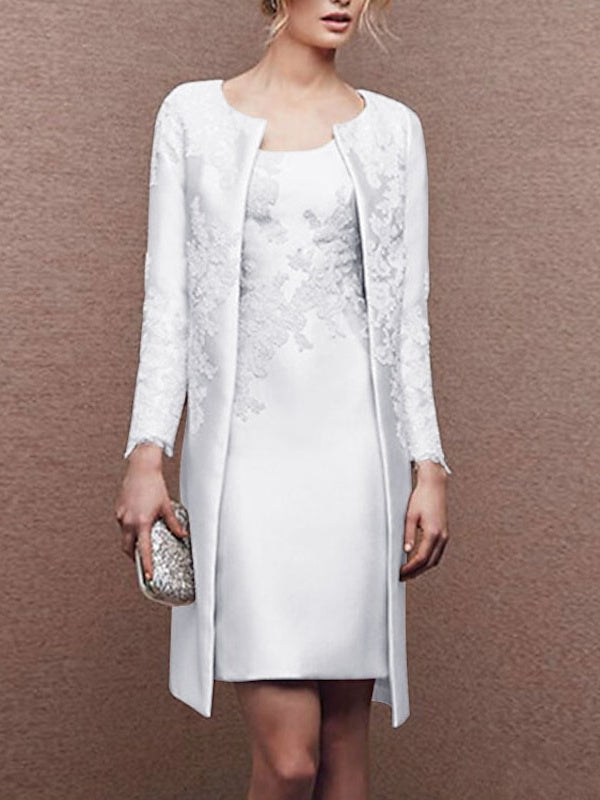 2 Pieces Mother of the Bride Dress 2026 Women's Sheath Knee Length Satin Lace Sleeveless Wedding Party Formal Evening Gowns with Appliques, As Pic 2 Pieces Mother of the Bride Dress 2026 Women's Sheath Knee Length Satin Lace Sleeveless Wedding Party Formal Evening Gowns with Appliques, As Pic