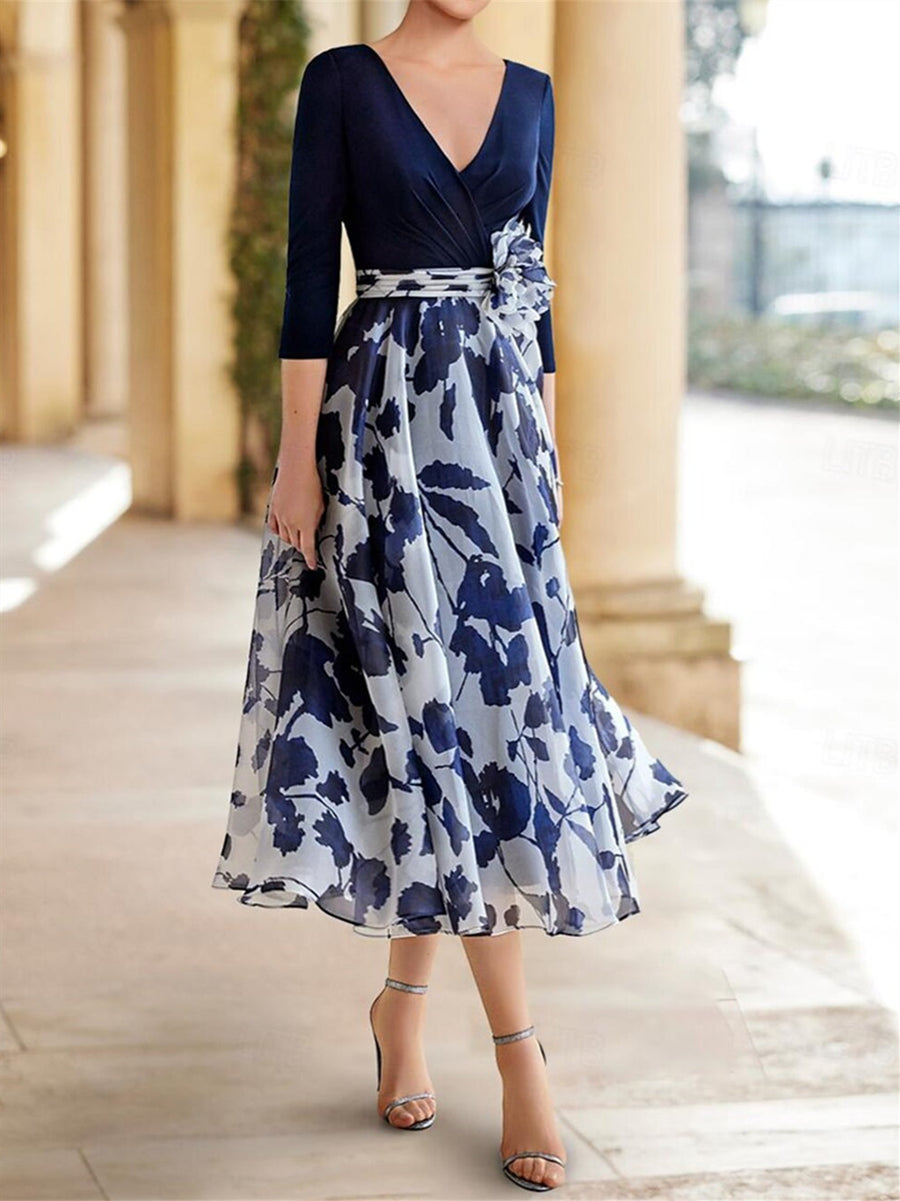 A Line/Princess V Neck 3/4 Sleeves Ankle Length Floral Mother of the Bride Dresses Navy Blue A Line/Princess V Neck 3/4 Sleeves Ankle Length Floral Mother of the Bride Dresses Navy Blue