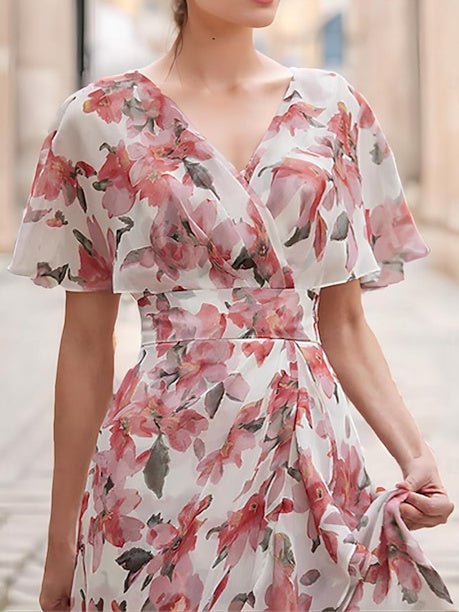 Floral Wedding Guest Dress 2026 V Neck Short Sleeve Chiffon Maxi Dress with Ruffle Hem Elegant Summer Garden Party Gown Floral Wedding Guest Dress 2026 V Neck Short Sleeve Chiffon Maxi Dress with Ruffle Hem Elegant Summer Garden Party Gown