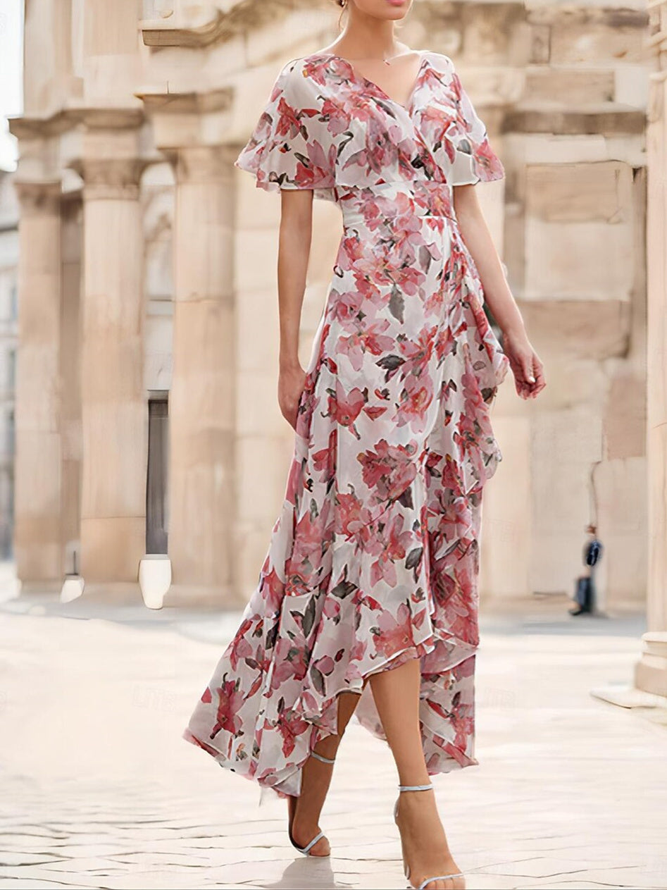 Floral Wedding Guest Dress 2026 V Neck Short Sleeve Chiffon Maxi Dress with Ruffle Hem Elegant Summer Garden Party Gown