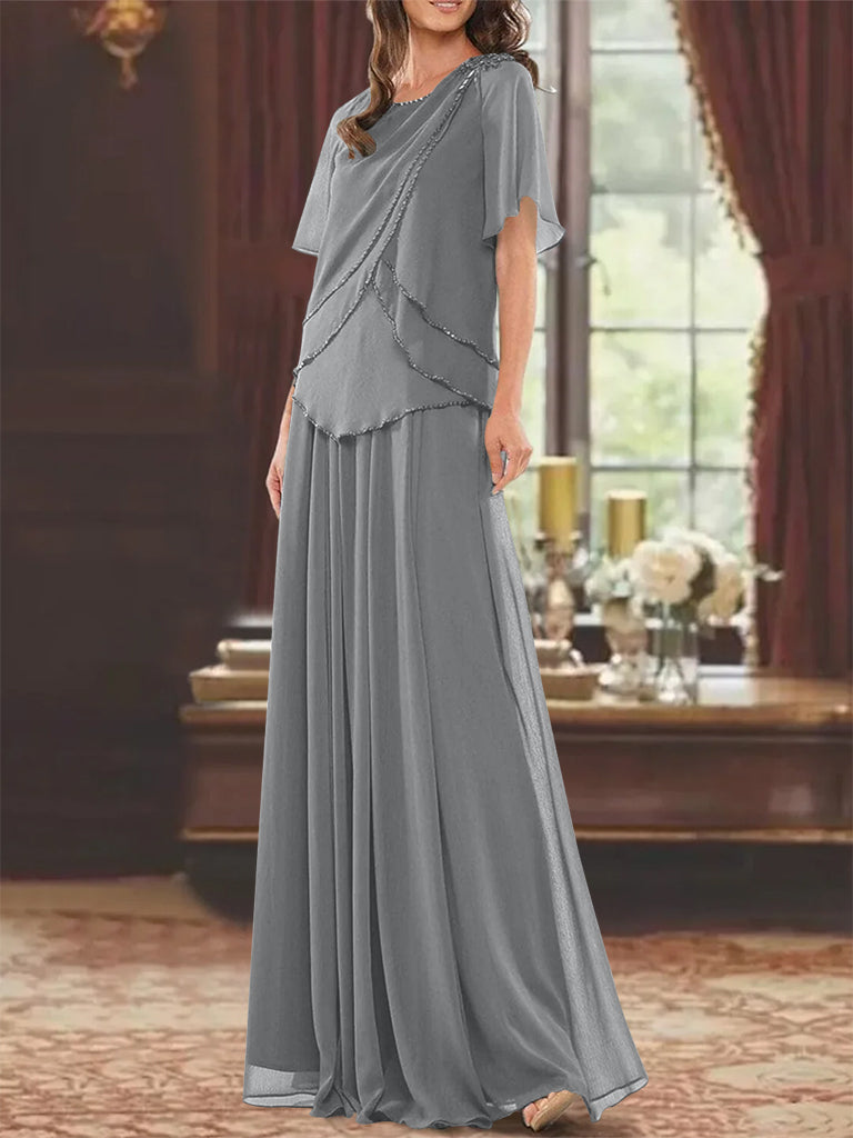 A-Line/Princess Jewel Neck Short Sleeves Floor Length Mother of the Bride Dress with Pleats & Beading