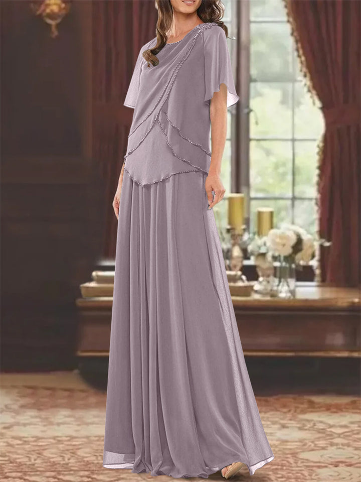 A-Line/Princess Jewel Neck Short Sleeves Floor Length Mother of the Bride Dress with Pleats & Beading