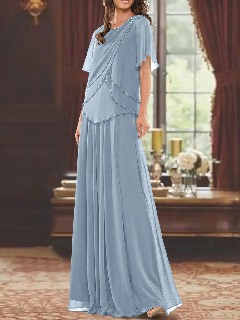 A-Line/Princess Jewel Neck Short Sleeves Floor Length Mother of the Bride Dress with Pleats & Beading