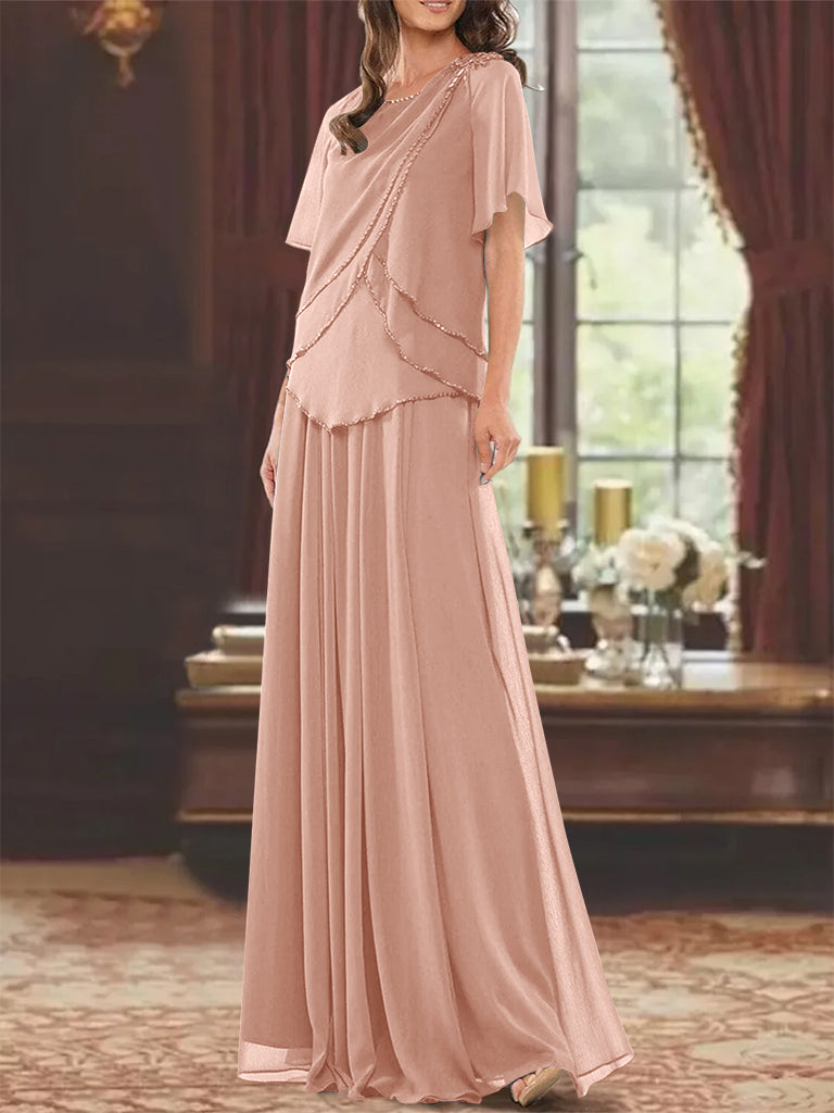 A-Line/Princess Jewel Neck Short Sleeves Floor Length Mother of the Bride Dress with Pleats & Beading