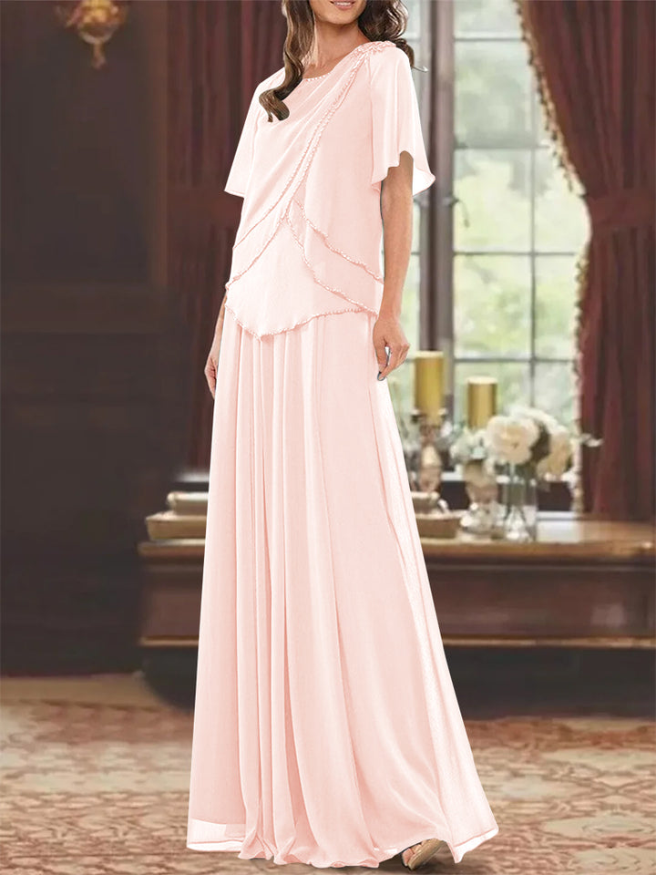 A-Line/Princess Jewel Neck Short Sleeves Floor Length Mother of the Bride Dress with Pleats & Beading