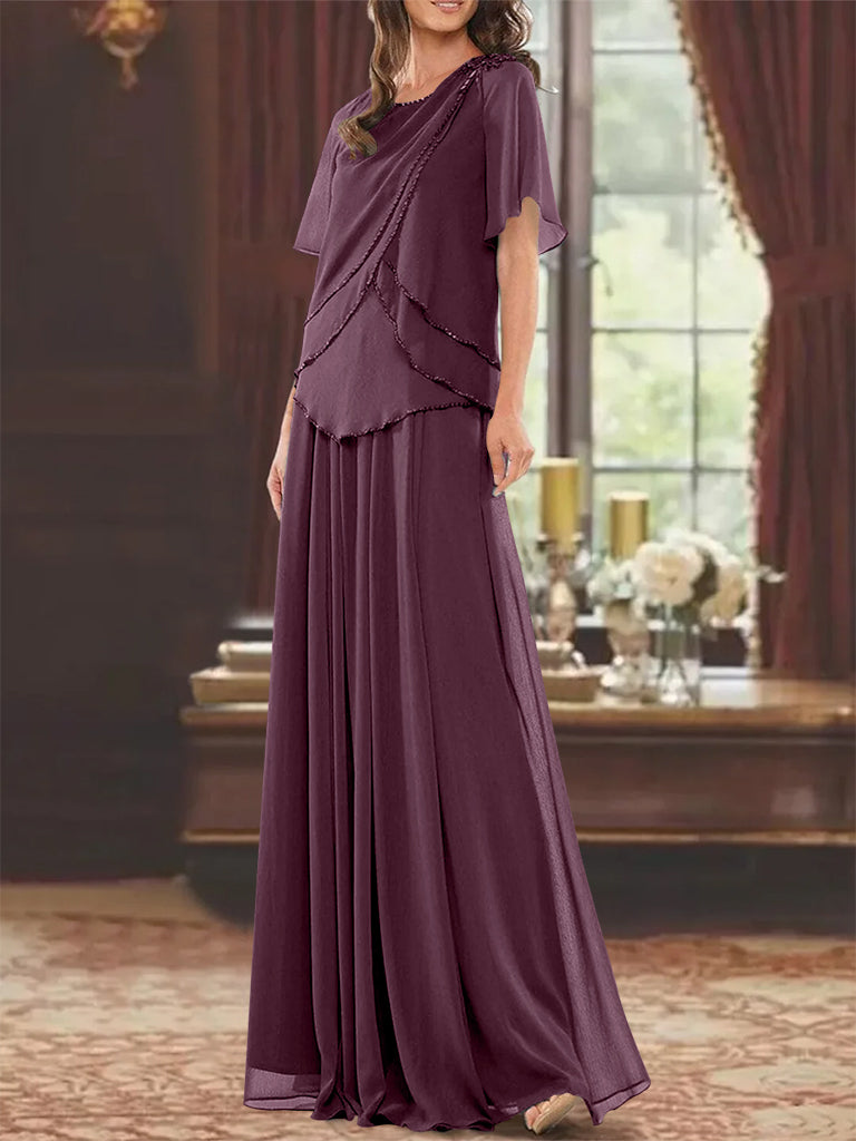 A-Line/Princess Jewel Neck Short Sleeves Floor Length Mother of the Bride Dress with Pleats & Beading