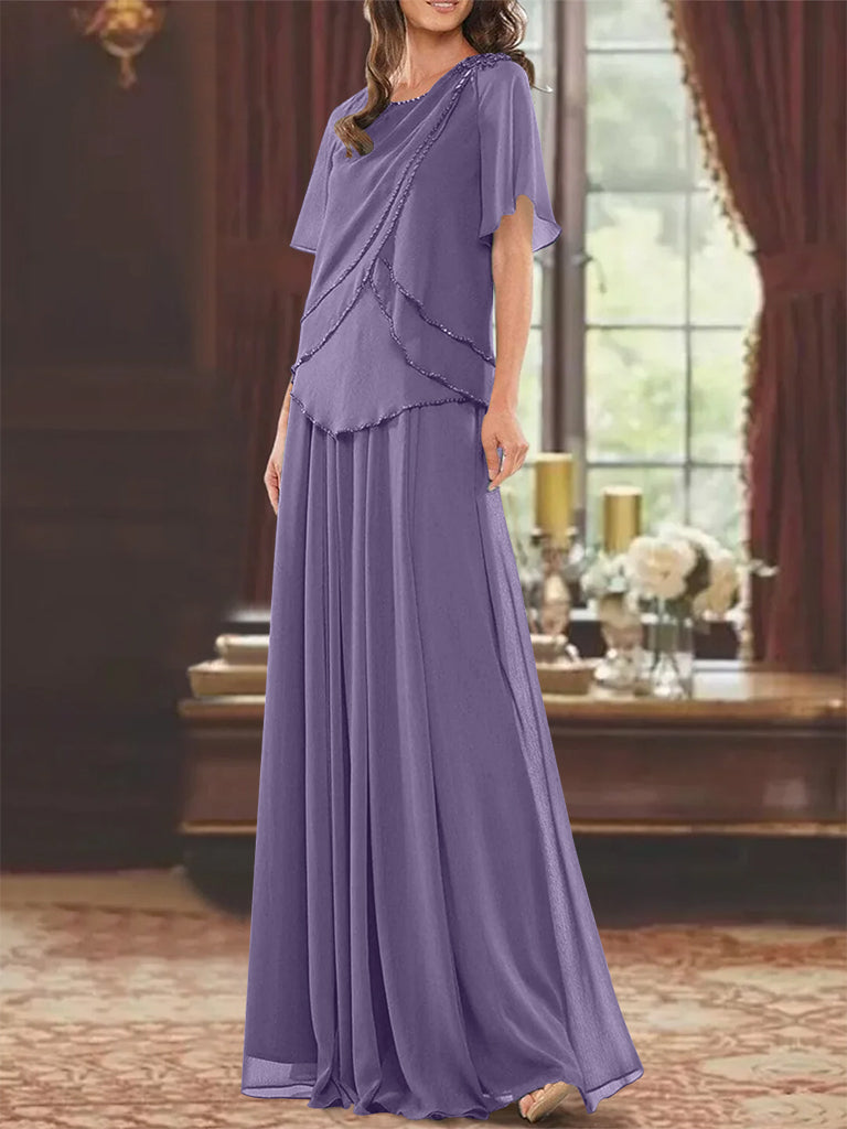 A-Line/Princess Jewel Neck Short Sleeves Floor Length Mother of the Bride Dress with Pleats & Beading