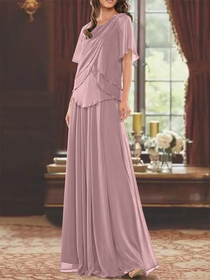 A-Line/Princess Jewel Neck Short Sleeves Floor Length Mother of the Bride Dress with Pleats & Beading