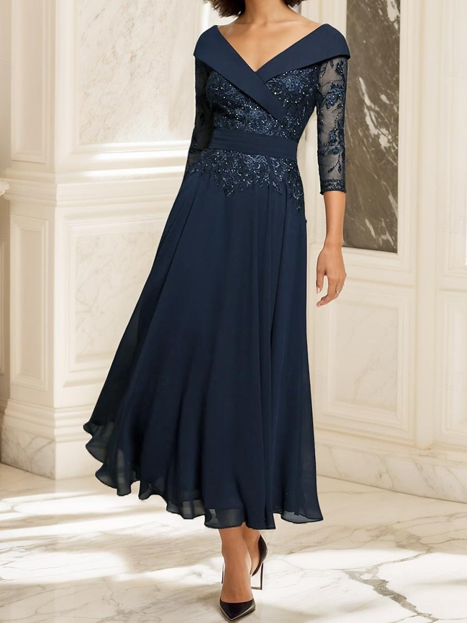 Navy Blue Mother of the Bride Dresses 2026 Women's A-Line/Princess Sweetheart Half Sleeves Ankle-Length Formal Evening Gowns with Lace, Navy Blue