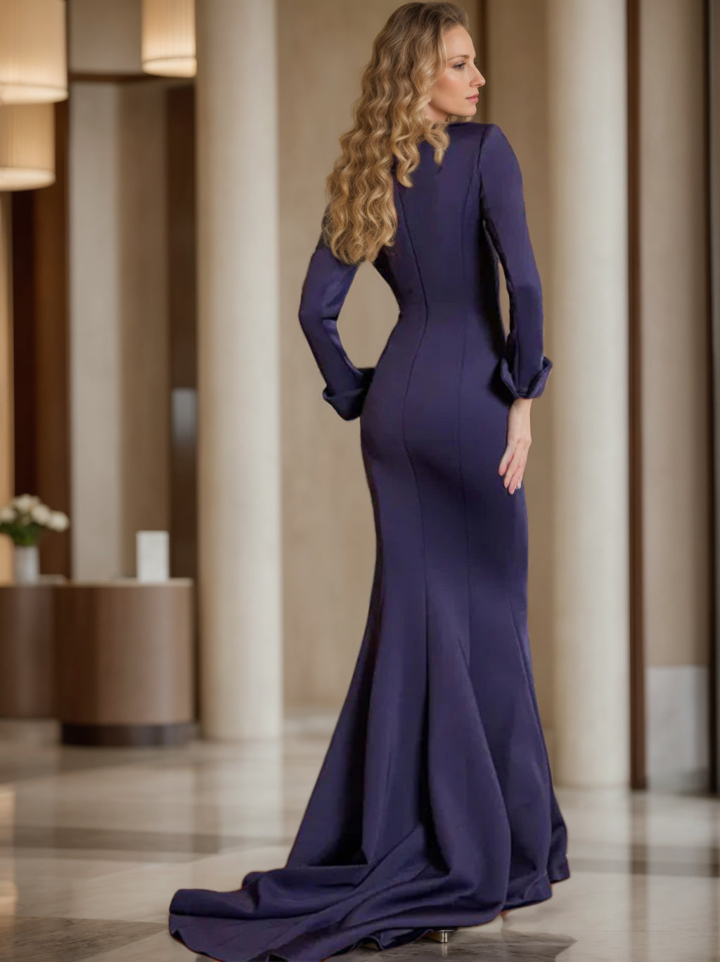 Sheath/Column V-Neck Long Sleeves Floor-Length Mother of the Bride Dresses With Pleats