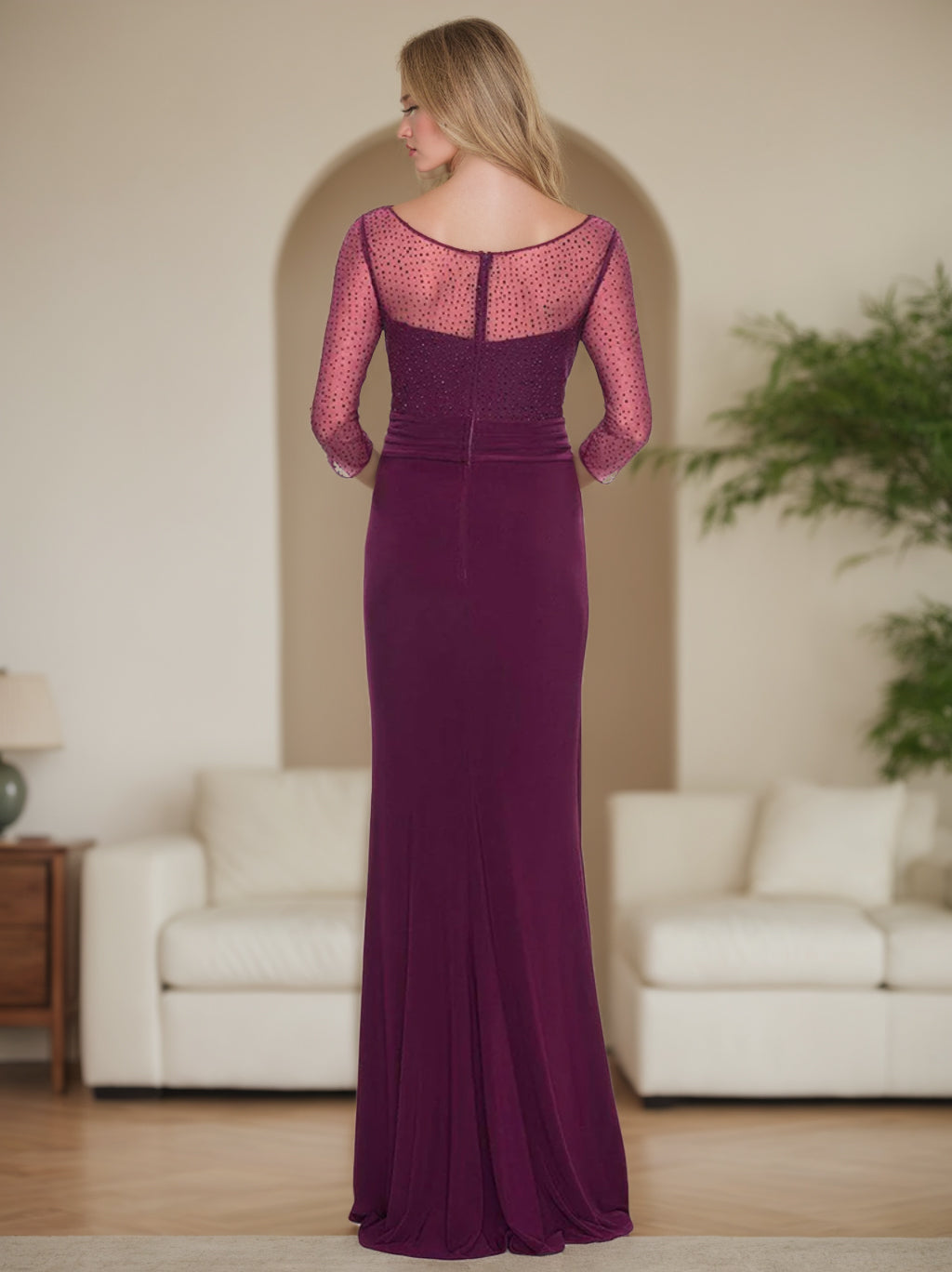 Sheath/Column V-Neck 3/4 Length Sleeves Floor-Length Mother of the Bride Dresses With Rhinestones & Ruched & Ruffles