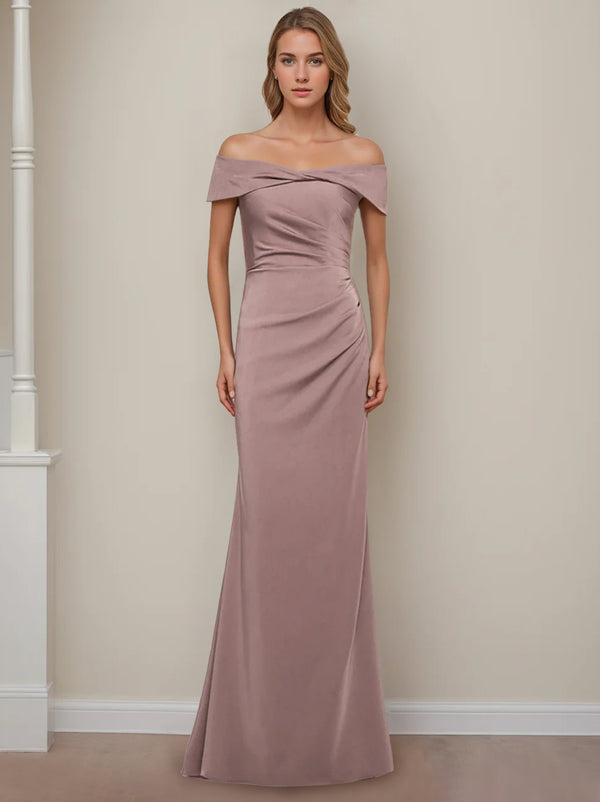 Sheath/Column Off-the-Shoulder Short Sleeves Floor-Length Mother of The Bride Dresses With Ruffles