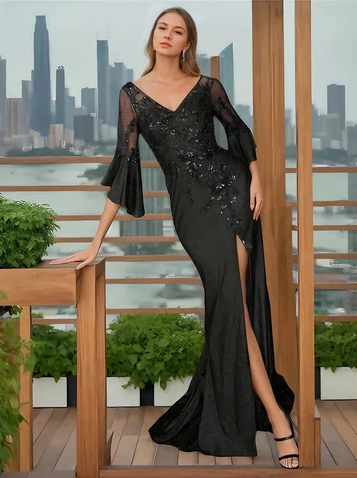 Trumpet/Mermaid V-Neck 3/4 Length Sleeves Floor-Length Mother of the Bride Dresses With Split Side & Floral Appliques