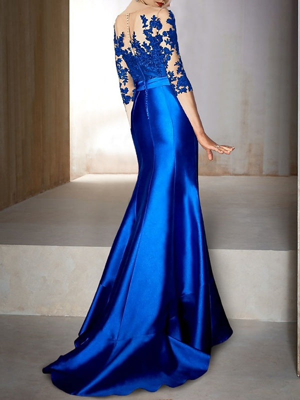 Royal Blue Mother of The Bride Dresses 2026 Women's Mermaid Jewel Neck Half Sleeves Floor-Length Formal Evening Gowns with Appliques, Royal Blue
