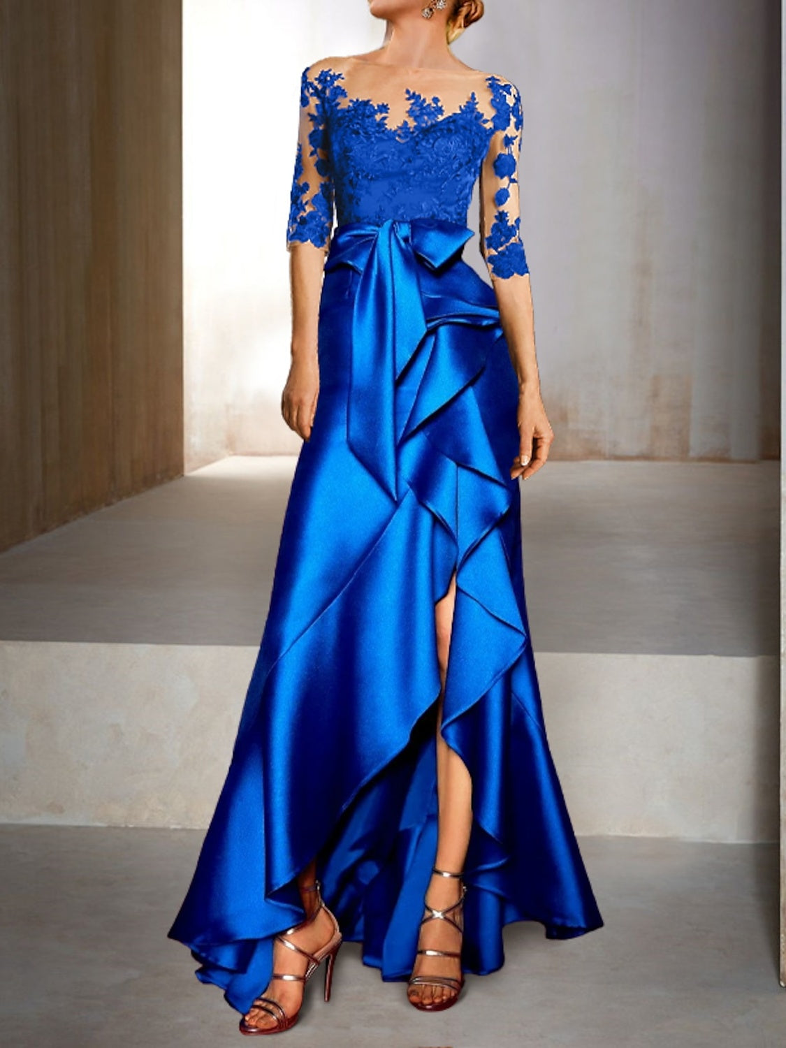 Black Mermaid Round Neck Mother of the Bride Dress with Half Sleeve main image 1